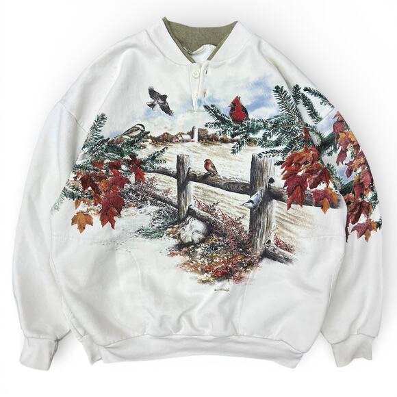 Vintage Art Unlimited Winter Birds Henley Crewneck Sweatshirt Chickadee Cardinal - Picture 1 of 9